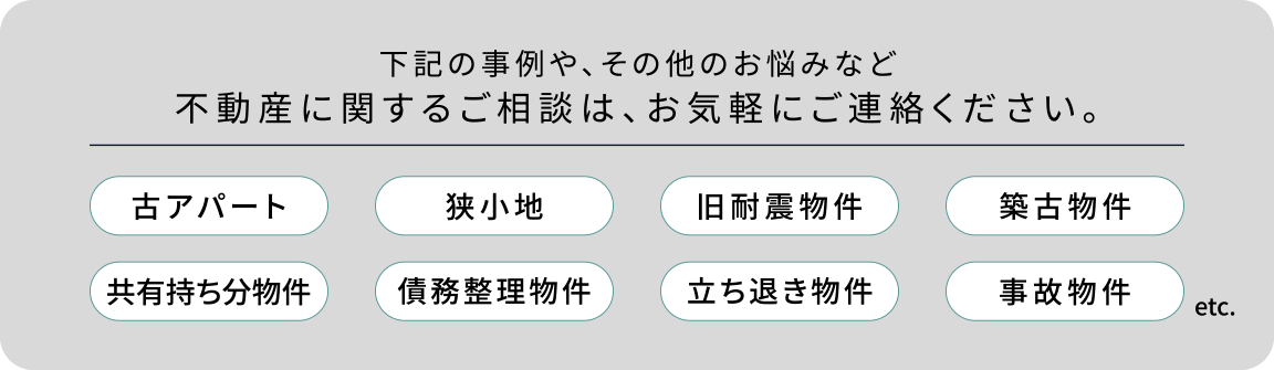 その他、古アパート、狭小地、旧耐震物件、築古物件、共有持ち分物件、債務整理物件、立ち退き物件、事故物件　etc.